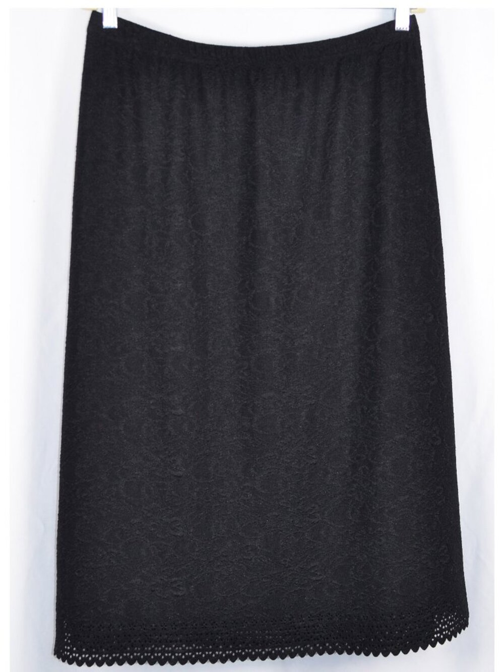 Vintage Bon Worth Floral Textured Knit Eyelet Hem Midi Skirt Black Size MP